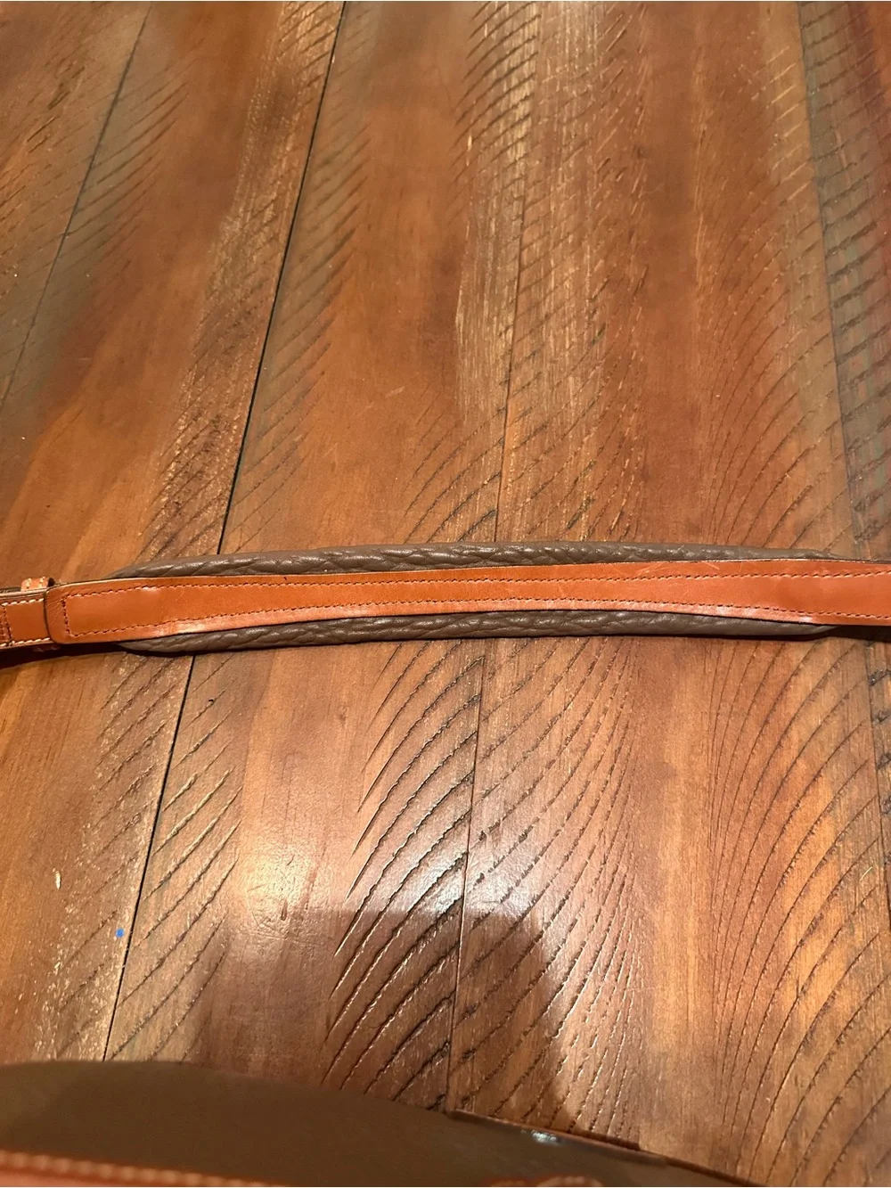 Dooney & Bourke Brown Pebbled Leather Horseshoe Crossbody with Tan Trim
